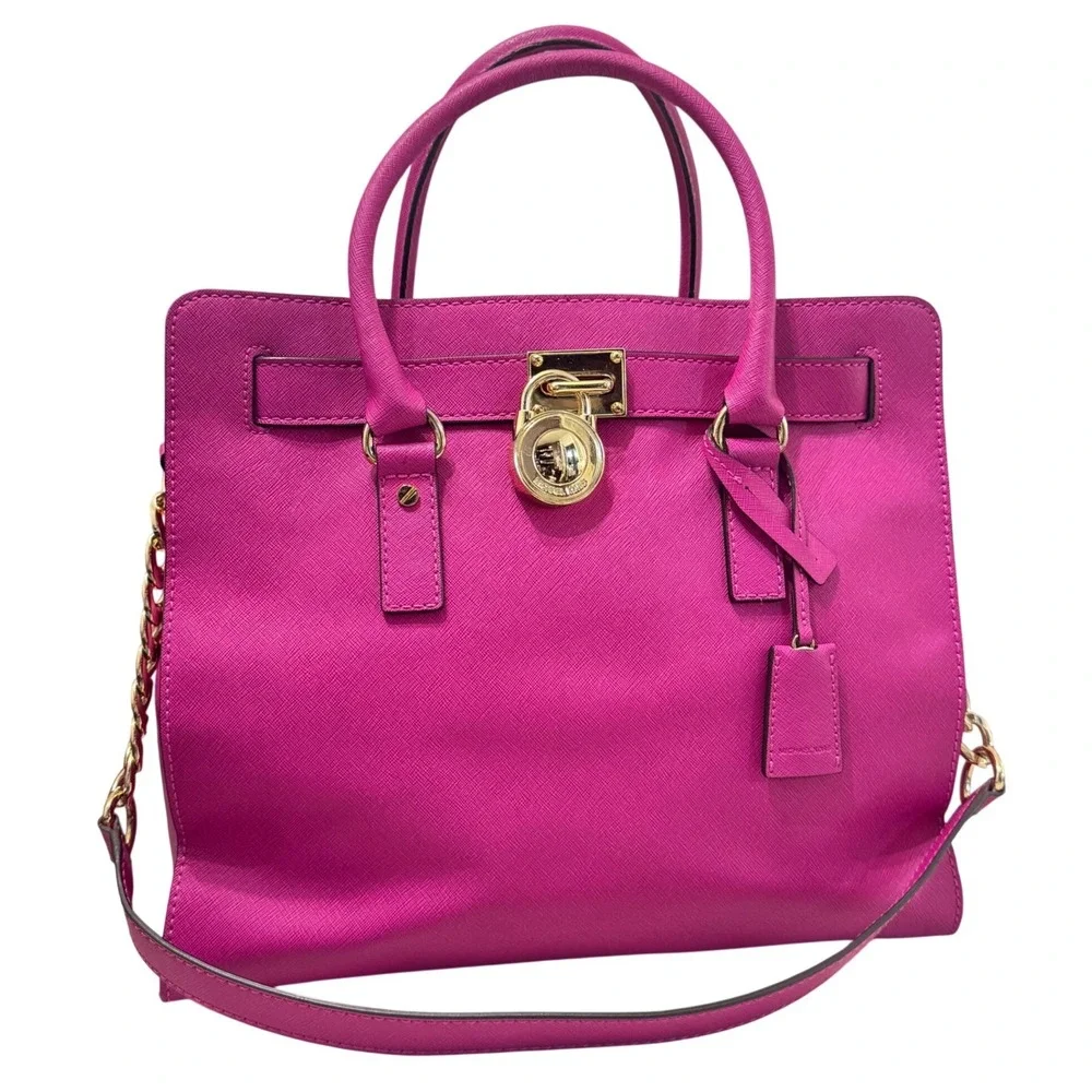 Michael Kors Hamilton Satchel Womens Large Fuchsia Pink Padlock Chain Bag - Picture 2 of 16